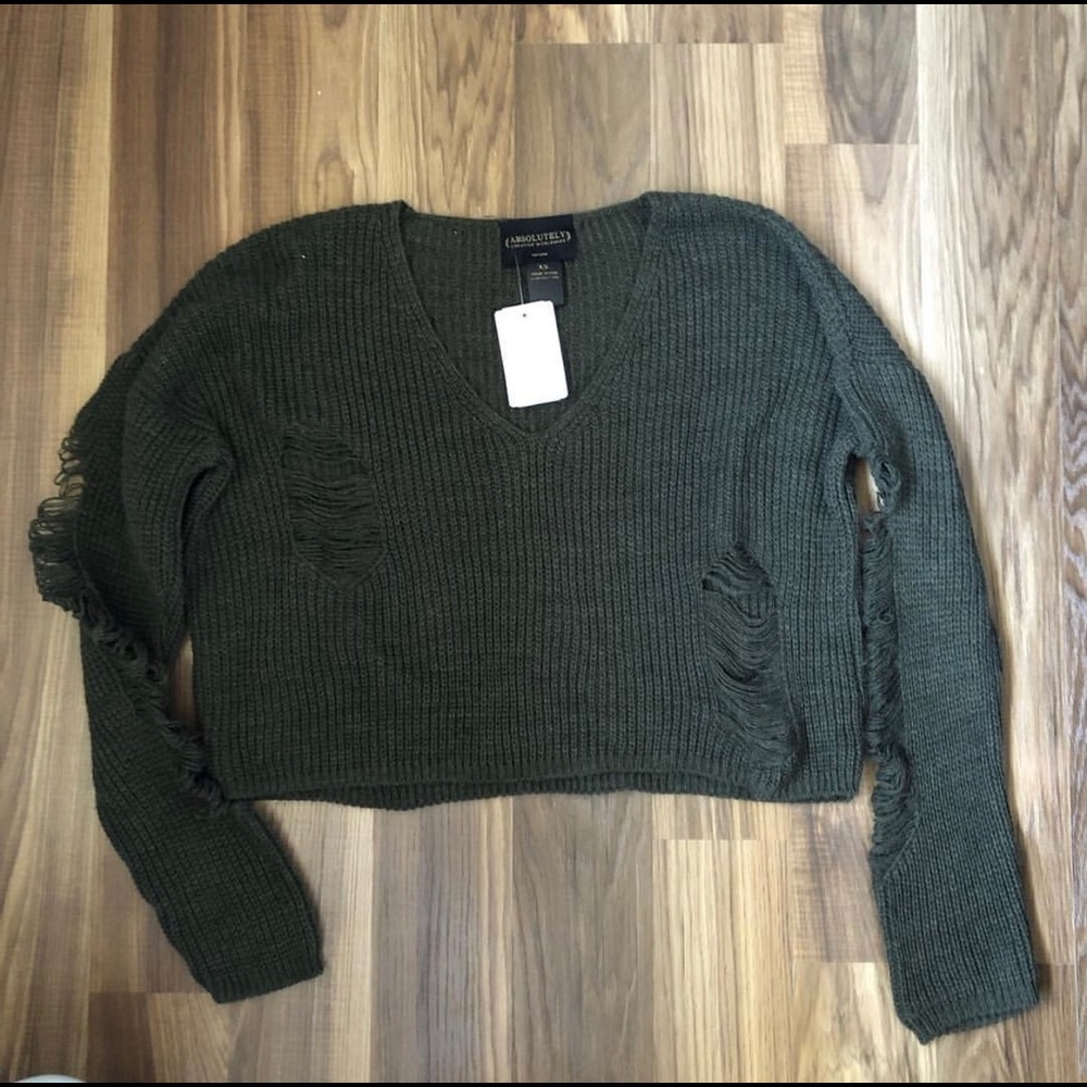 distressed olive cropped sweater